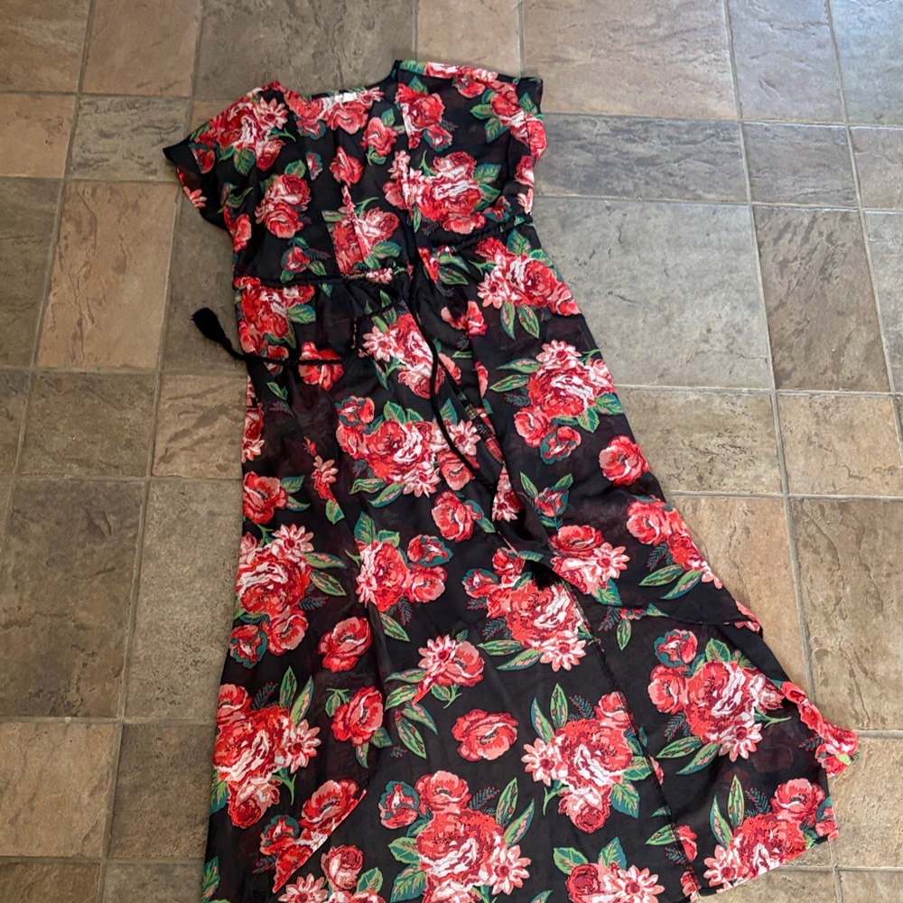 Floral Red & Green Maxi sheer Dress on Black Background
